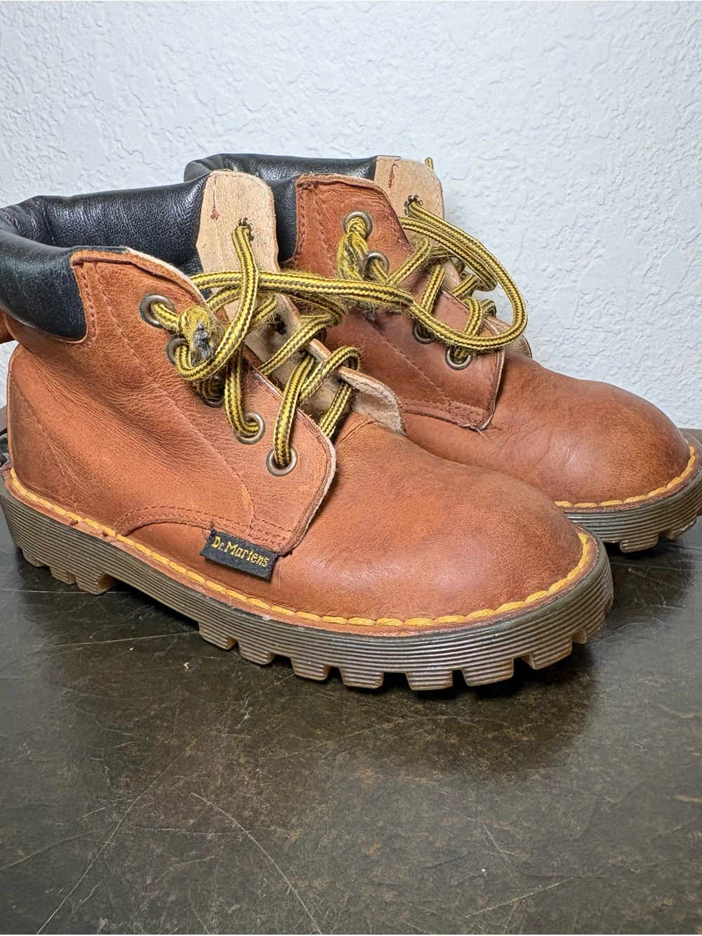 Dr. Martens Kids Tan Brown Leather Lace-Up Boots with Yellow Stitching Toddler 9